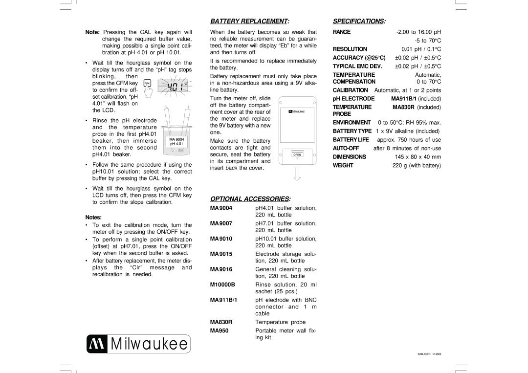 Milwaukee SM102 user manual Battery Replacement, Specifications, Optional Accessories 