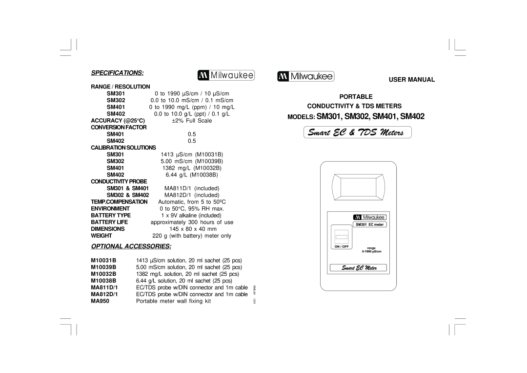 Milwaukee SM302, SM402, SM401, SM301 specifications Specifications, Optional Accessories 