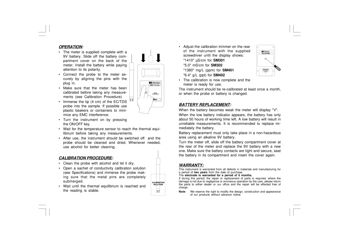 Milwaukee SM401, SM402, SM302, SM301 specifications Operation, Calibration Procedure, Battery Replacement, Warranty 