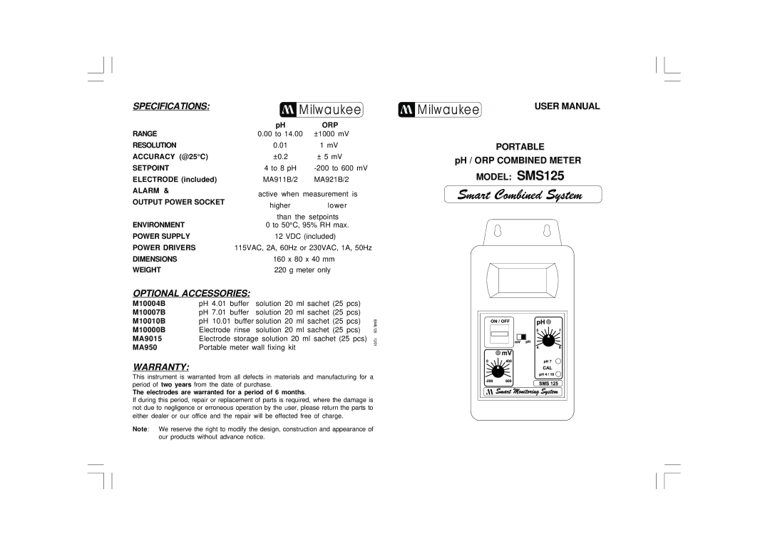 Milwaukee SMS125 user manual Smart Combined System, Ilw a u ke e, Specifications, Optional Accessories, Warranty 