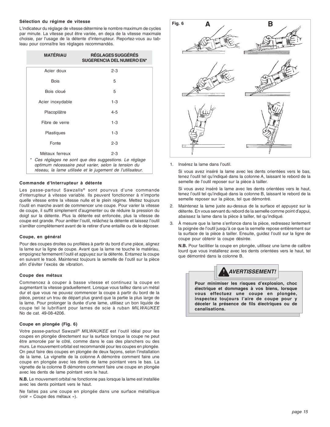Milwaukee Sries 6521 Sélection du régime de vitesse, Commande dInterrupteur à détente, Coupe, en général, Coupe des métaux 