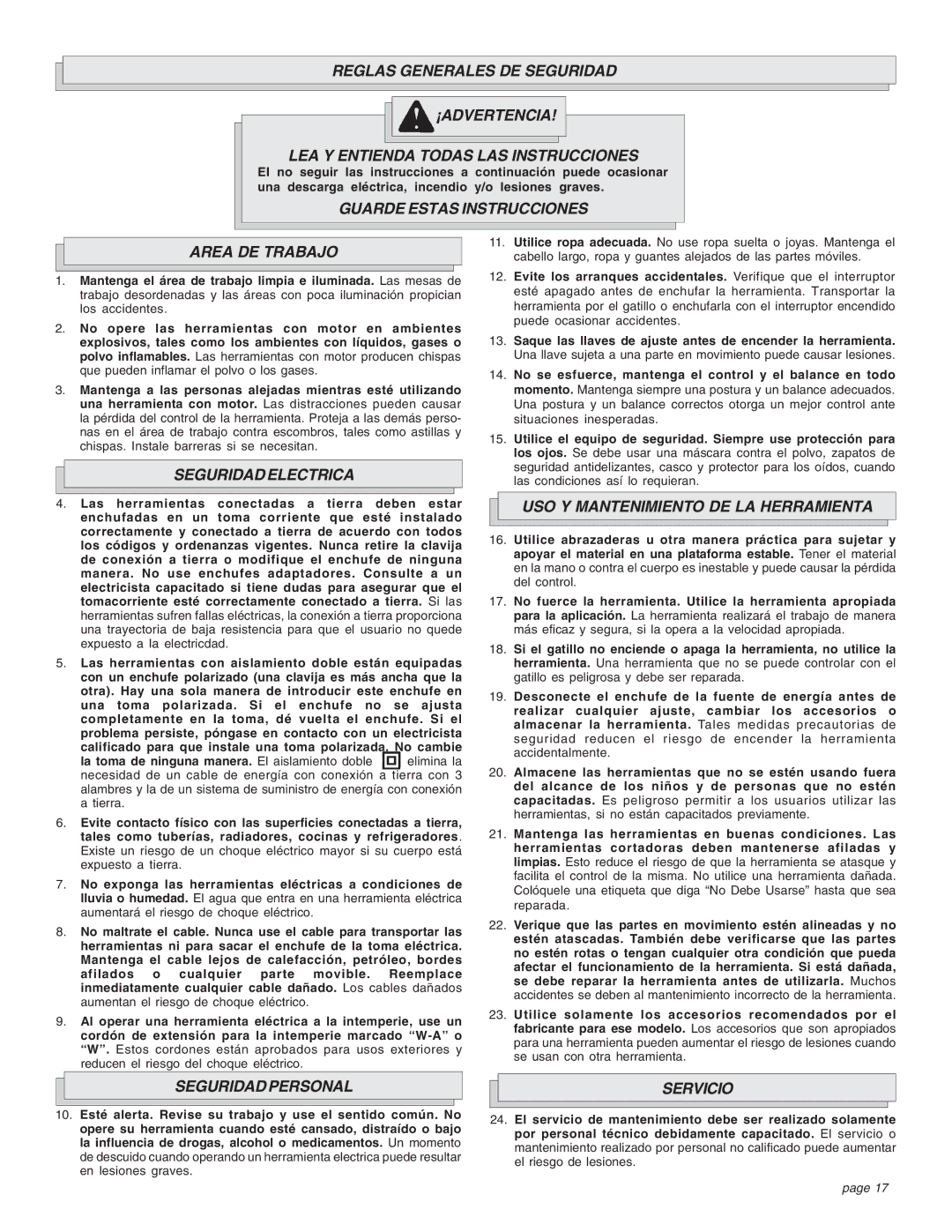 Milwaukee Sries 6521 manual Guarde Estas Instrucciones Area DE Trabajo, Seguridad Electrica, Seguridad Personal, Servicio 