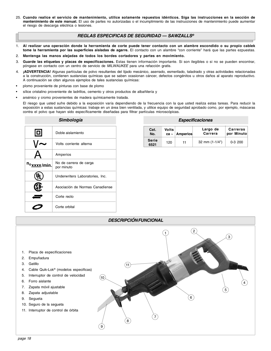 Milwaukee Sries 6521 Reglas Especificas DE Seguridad Sawzalls, Descripciónfuncional, Cat Volts Largo de Carreras Ca ~ 