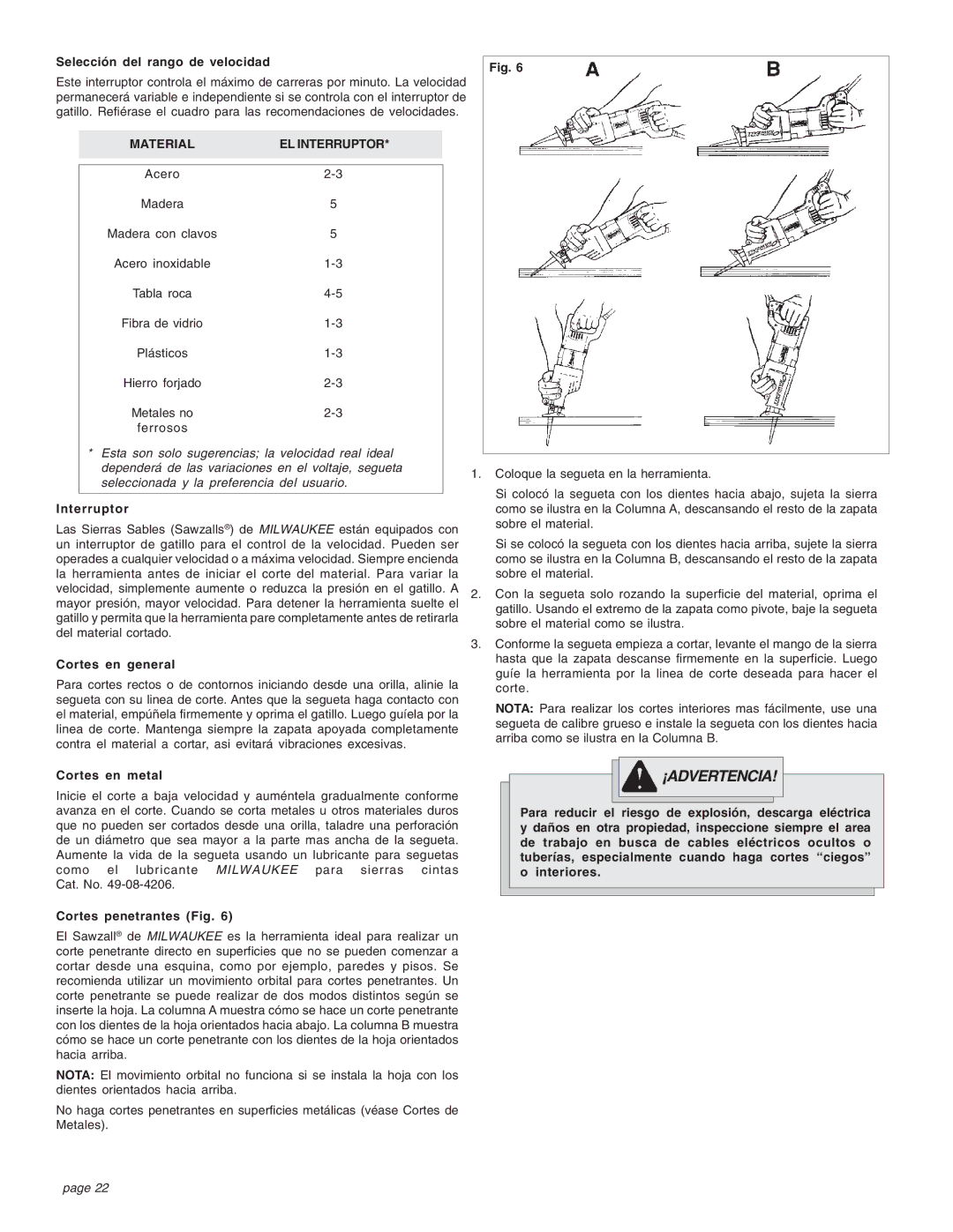 Milwaukee Sries 6521 manual Selección del rango de velocidad, Interruptor, Cortes en general, Cortes en metal 