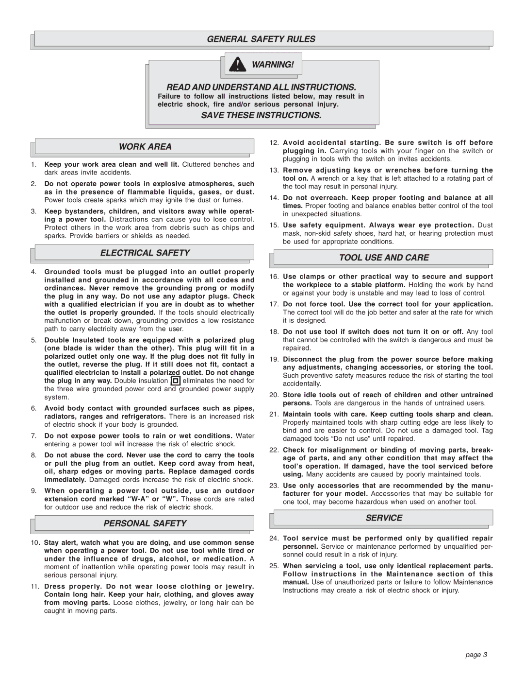 Milwaukee Sries 6521 General Safety Rules Read and Understand ALL Instructions, Work Area, Electrical Safety, Service 