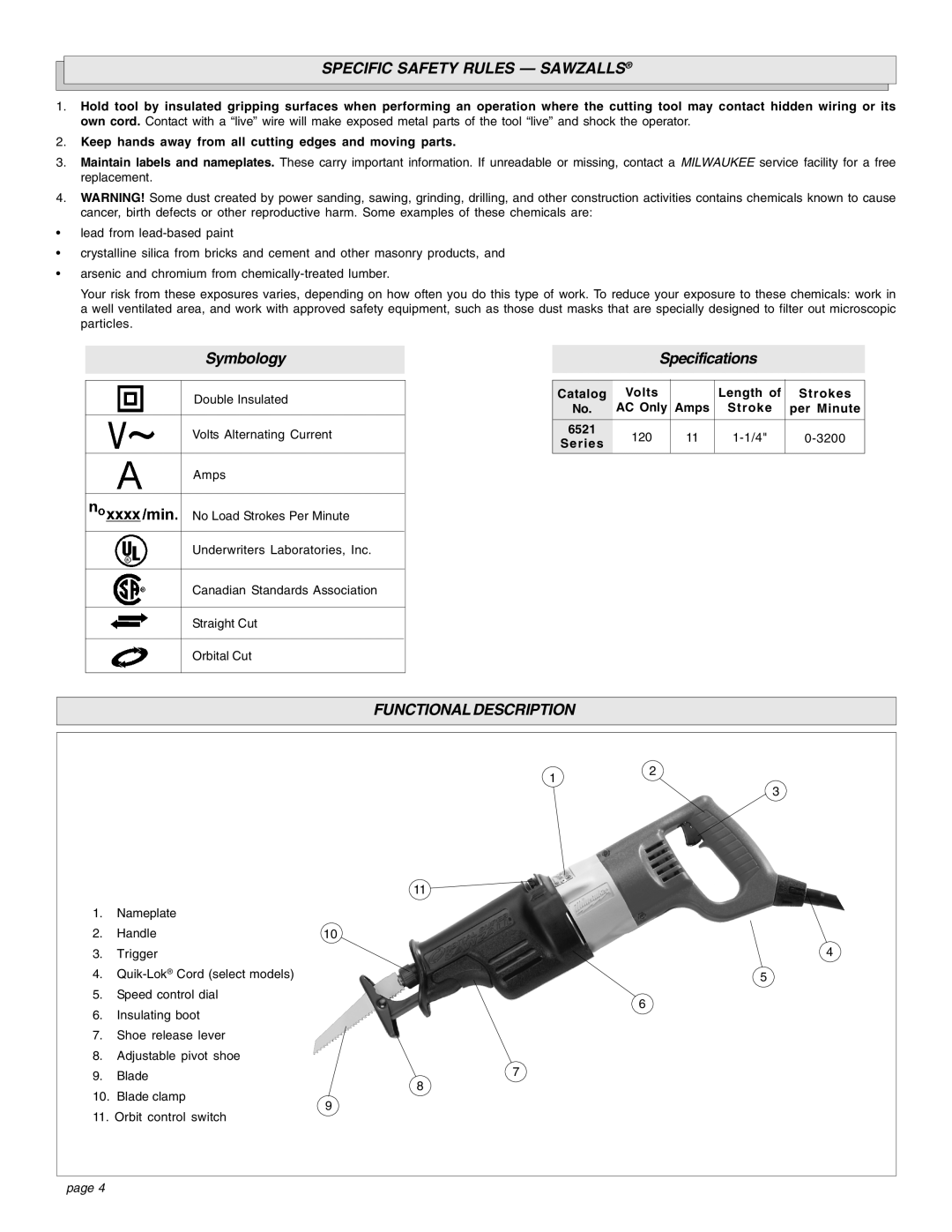 Milwaukee Sries 6521 manual Specific Safety Rules Sawzalls, Functionaldescription, Catalog Volts Length Strokes AC Only 