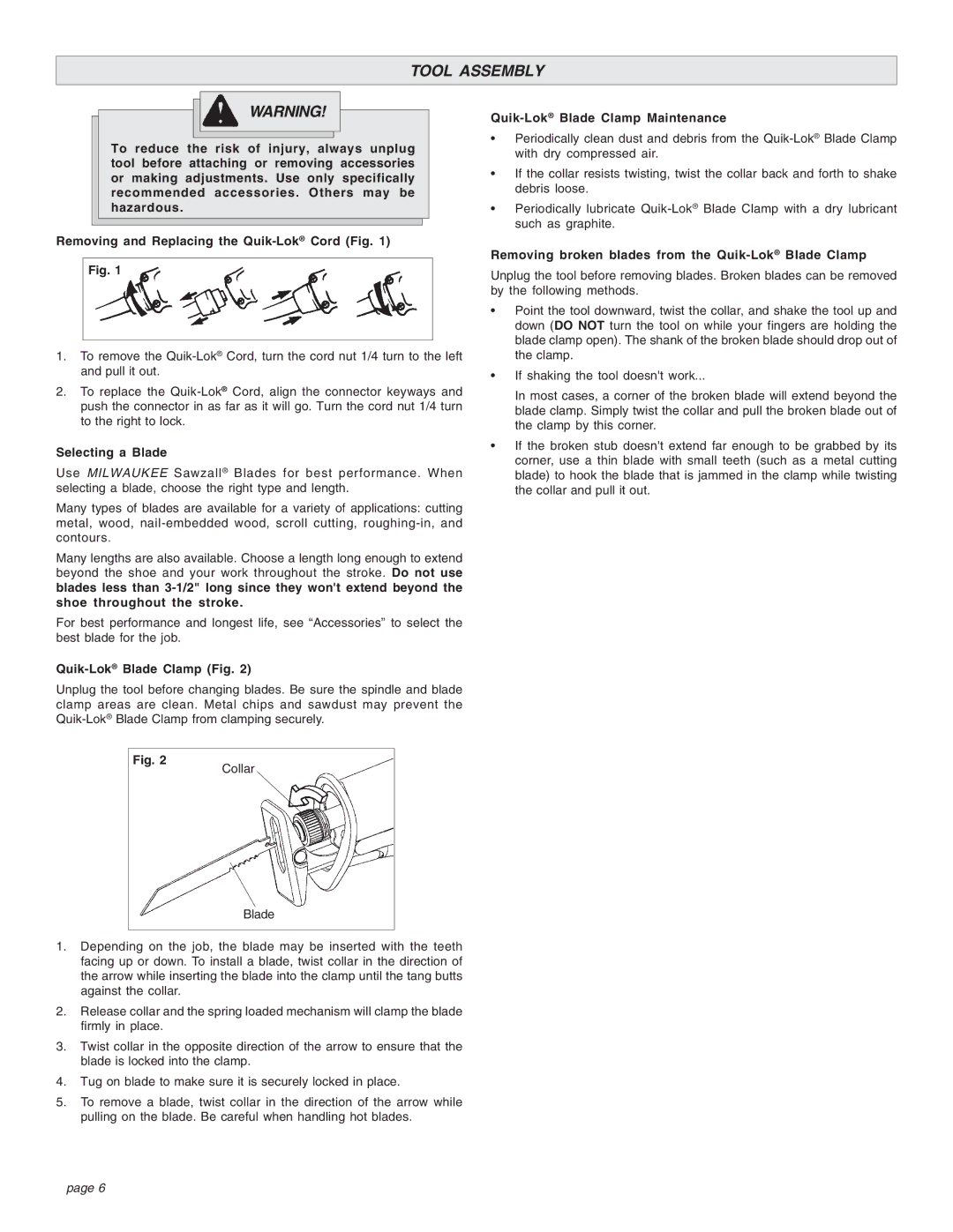 Milwaukee Sries 6521 manual Tool Assembly, Selecting a Blade, Quik-LokBlade Clamp Fig 