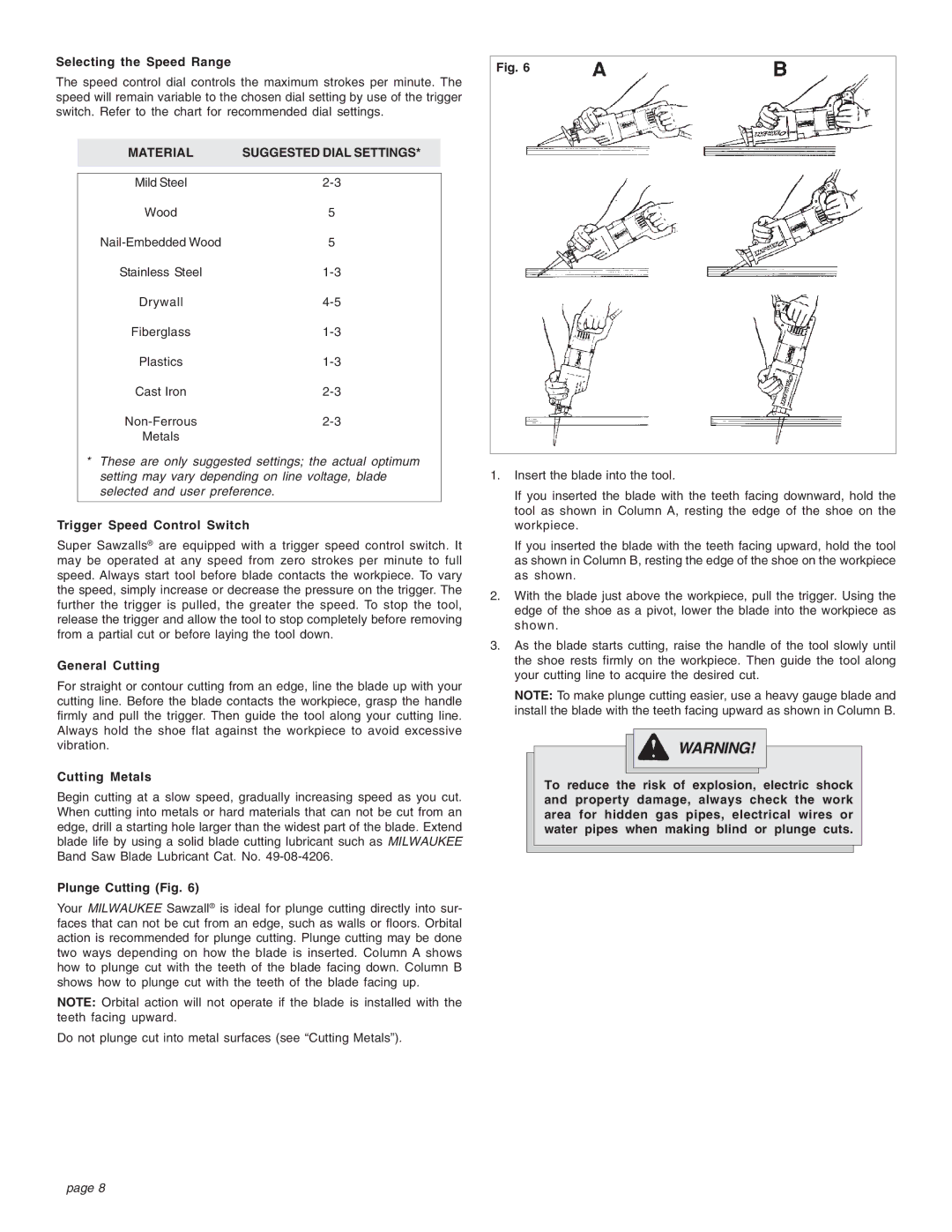 Milwaukee Sries 6521 manual Selecting the Speed Range, Trigger Speed Control Switch, General Cutting, Cutting Metals 