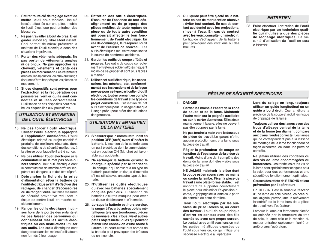 Milwaukee V28 manual Règles DE Sécurité Spécifiques, Utilisation ET Entretien DE L’OUTIL Électrique 