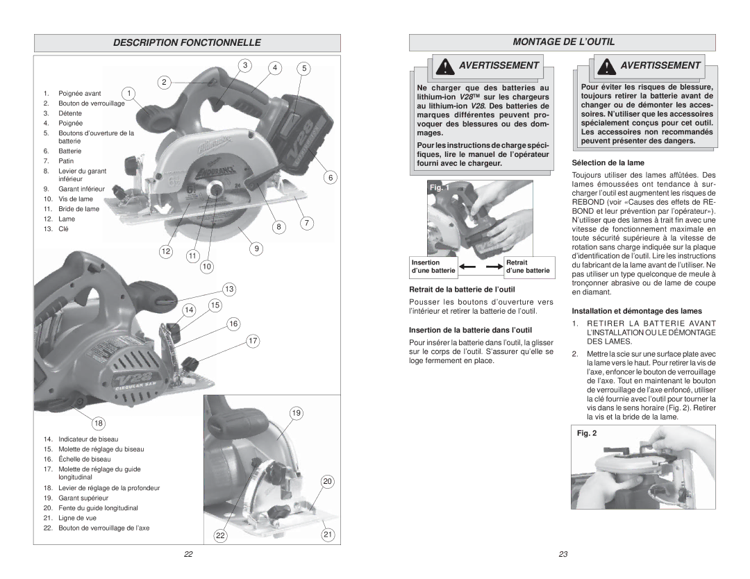 Milwaukee V28 manual Description Fonctionnelle Montage DE L’OUTIL, Sélection de la lame, Retrait de la batterie de l’outil 