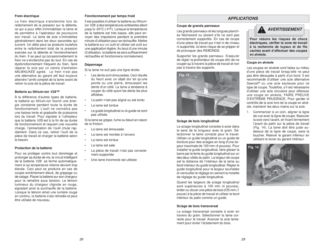 Milwaukee V28 manual Frein électrique, Fonctionnement par temps froid, Batterie au lithium-ion, Protection de la batterie 