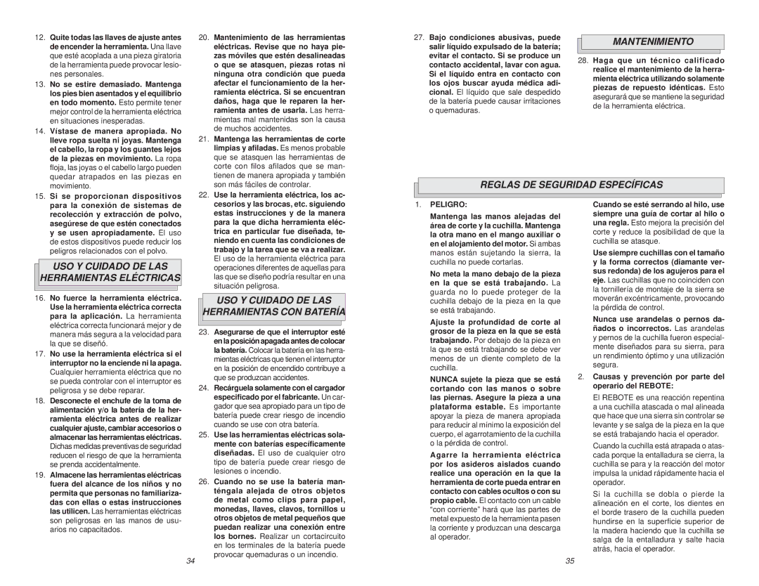 Milwaukee V28 manual Mantenimiento, Reglas DE Seguridad Específicas, USO Y Cuidado DE LAS Herramientas Eléctricas 