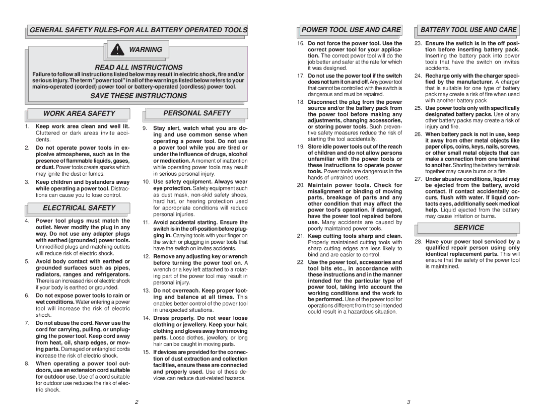 Milwaukee V28 manual Power Tool USE and Care, Work Area Safety, Electrical Safety, Personal Safety, Service 