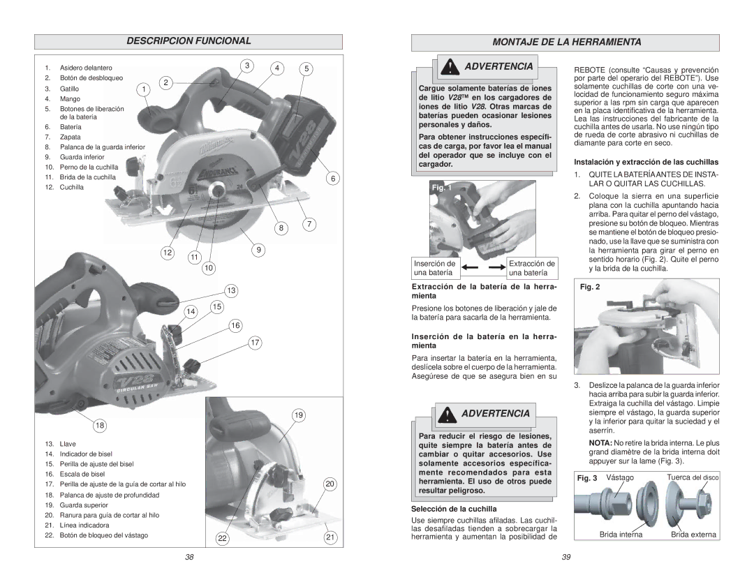 Milwaukee V28 manual Descripcion Funcional Montaje DE LA Herramienta, Instalación y extracción de las cuchillas 