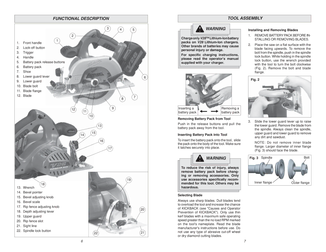 Milwaukee V28 manual Functional Description Tool Assembly, Installing and Removing Blades, Removing Battery Pack from Tool 