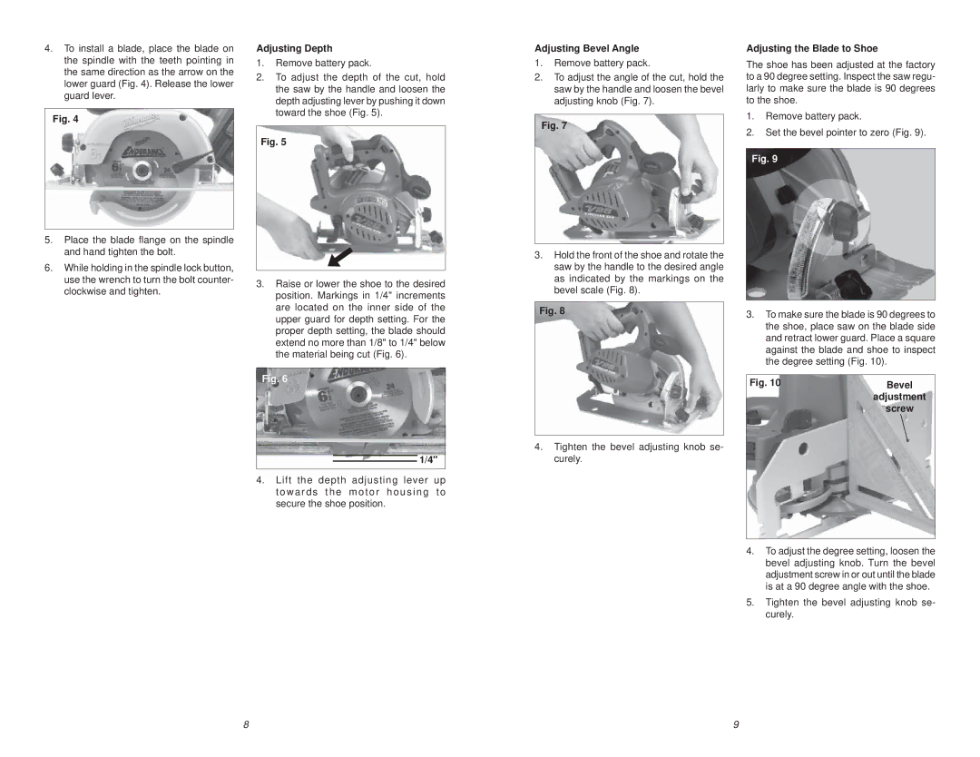 Milwaukee V28 manual Adjusting Depth, Adjusting Bevel Angle, Adjusting the Blade to Shoe 