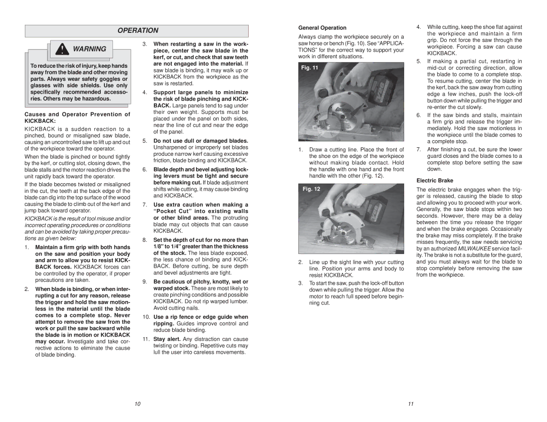 Milwaukee V28 manual General Operation, Causes and Operator Prevention, Kickback, Electric Brake 