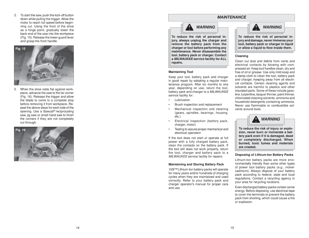 Milwaukee V28 manual Maintenance, Maintaining Tool, Maintaining and Storing Battery Pack, Cleaning 