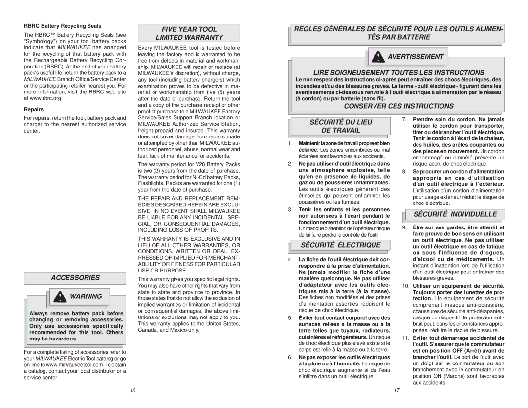 Milwaukee V28 manual Five Year Tool Limited Warranty, Conserver CES Instructions, Accessories, Sécurité DU Lieu DE Travail 