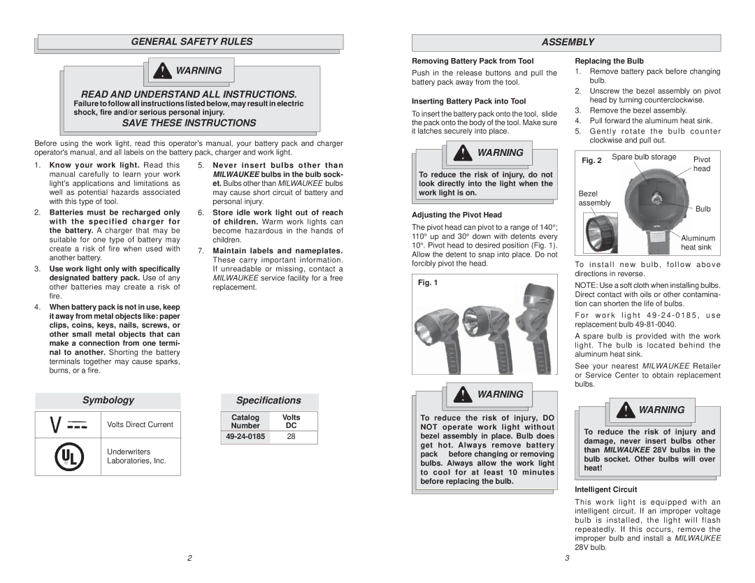 Milwaukee worklight manual General Safety Rules Assembly, Symbology, Speciﬁcations 