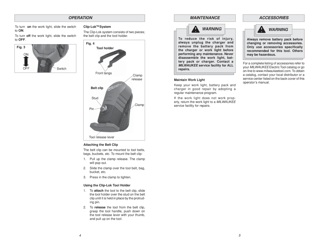 Milwaukee worklight manual Operation Maintenance Accessories 