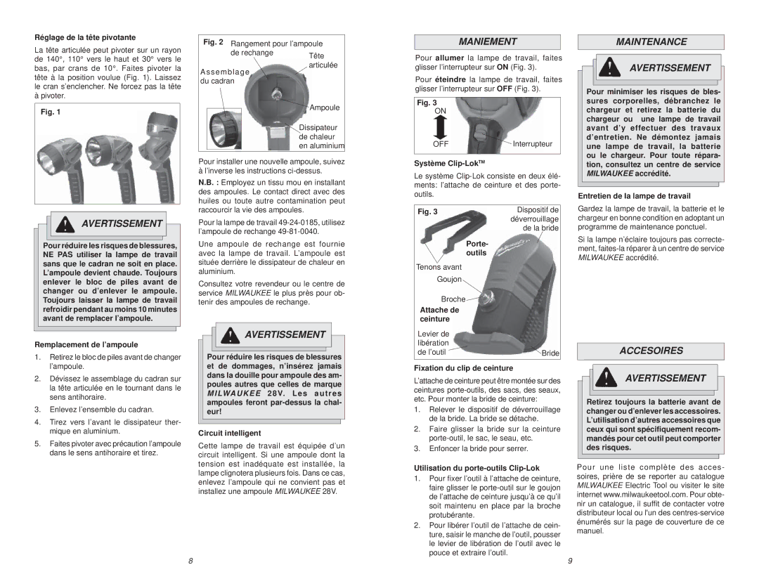 Milwaukee worklight manual Maniement, Maintenance Avertissement, Accesoires Avertissement 