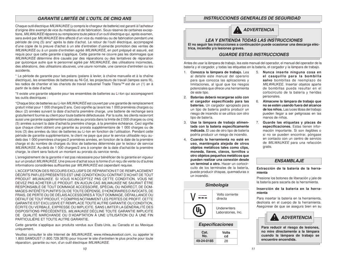 Milwaukee worklight manual Garantie Limitée DE L’OUTIL DE Cinq ANS, Guarde Estas Instrucciones, Simbología, Especiﬁcaciones 