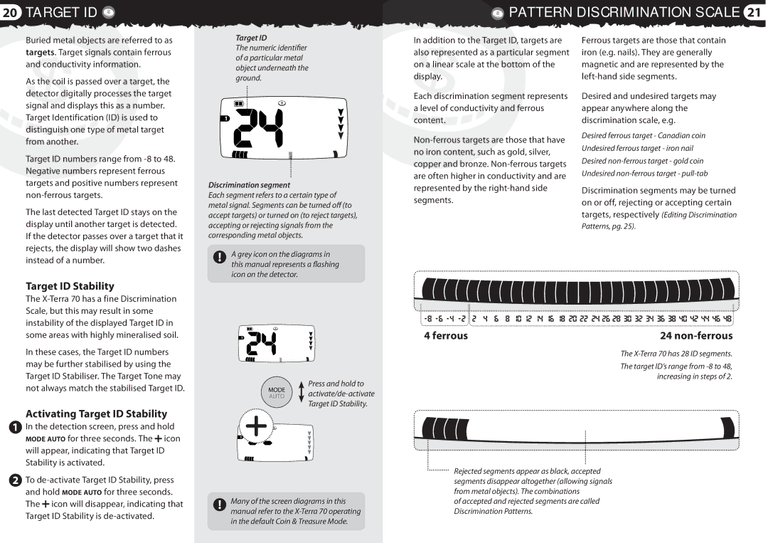 Minelab 4901 - 0059 quick start Activating Target ID Stability, Ferrous Non-ferrous, From another, Discrimination segment 