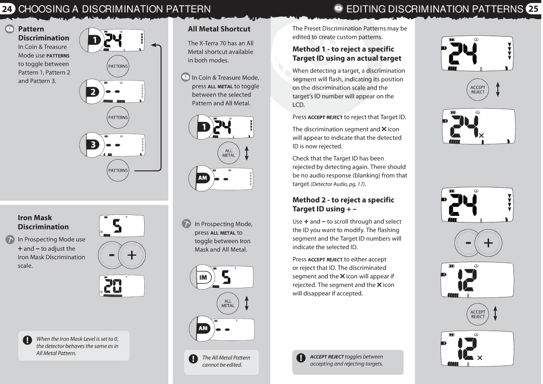 Minelab 4901 - 0059 quick start Pattern Discrimination, All Metal Shortcut, Prospecting Mode use, Toggle between Iron 