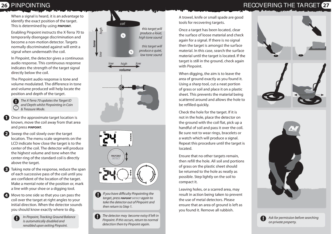 Minelab 4901 - 0059 quick start Pinpointing, Recovering the Target, Tone, Volume 