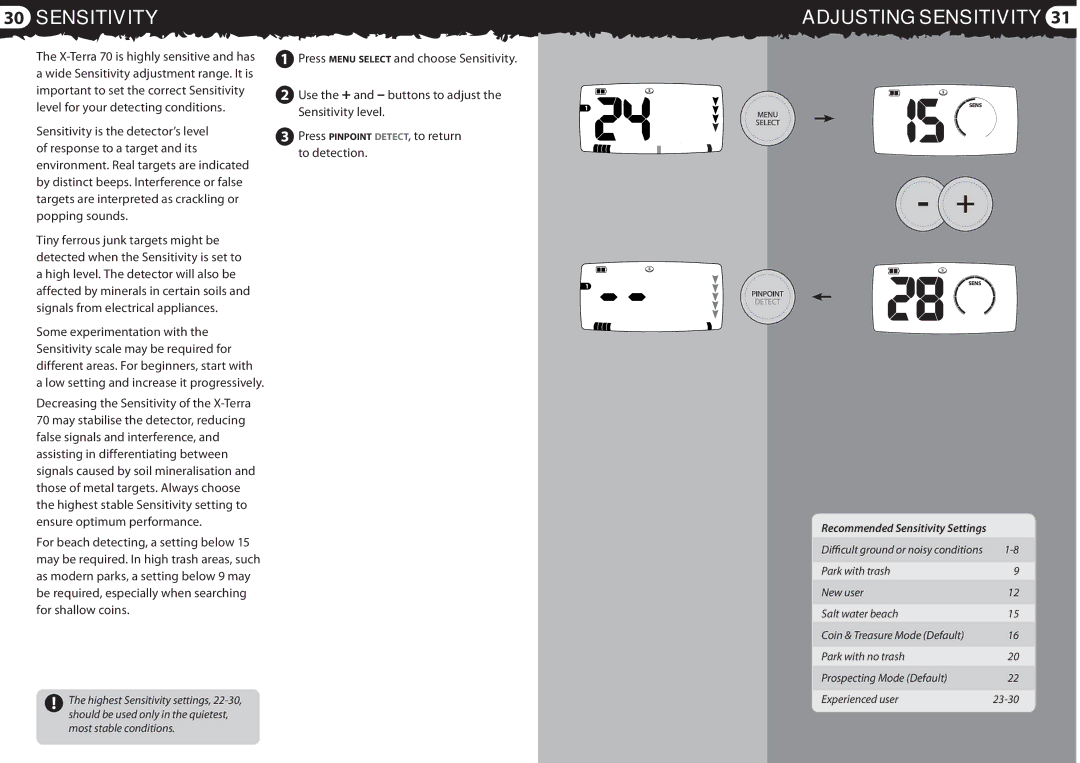 Minelab 4901 - 0059 quick start Sensitivity Adjusting Sensitivity, Recommended Sensitivity Settings 