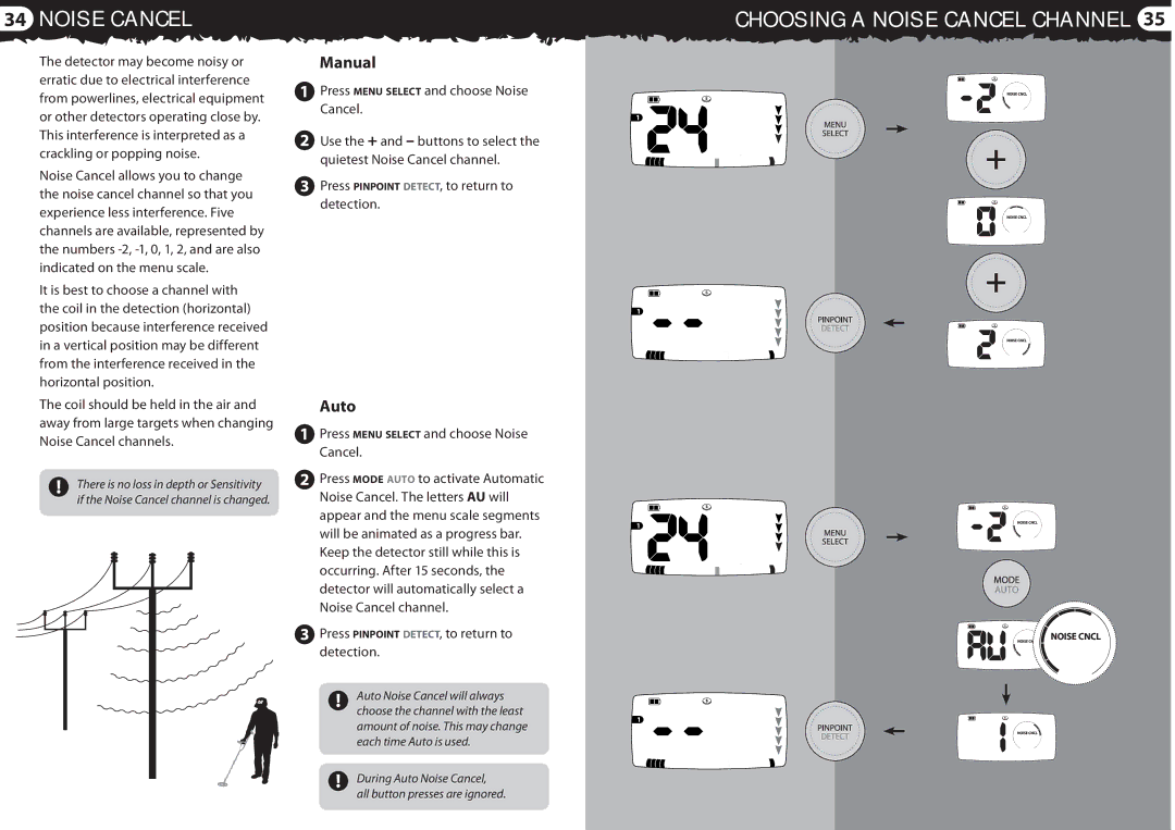 Minelab 4901 - 0059 Choosing a Noise Cancel Channel, Manual, Auto, Press Menu Select and choose Noise Cancel 