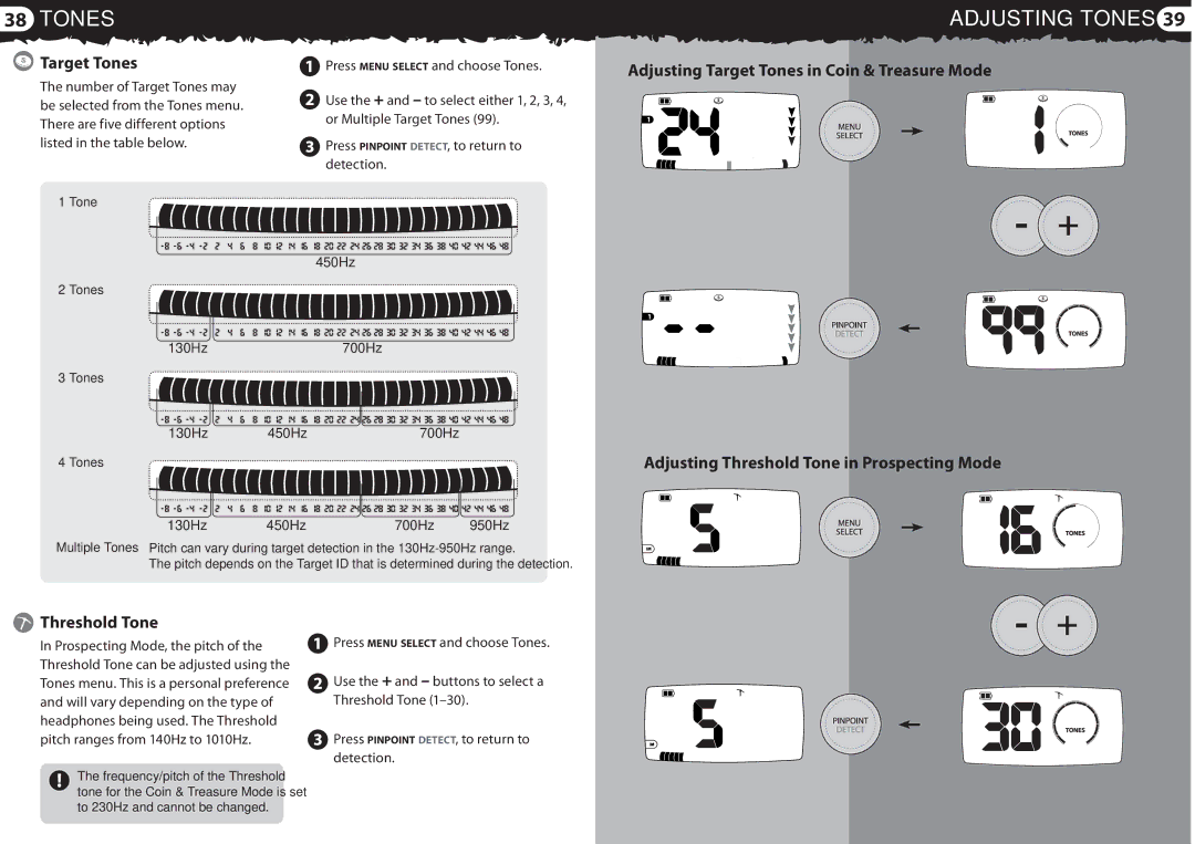 Minelab 4901 - 0059 quick start Tones Adjusting Tones, Target Tones, Threshold Tone, Tone Tones 