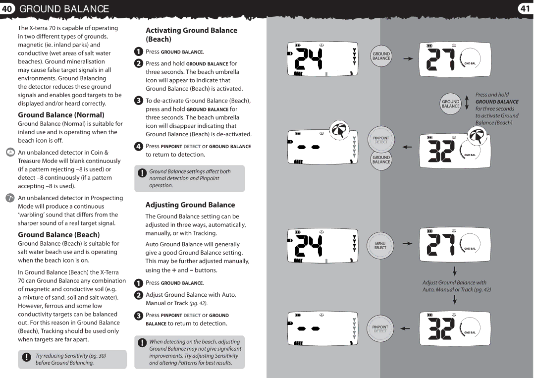 Minelab 4901 - 0059 quick start Ground Balance Normal, Activating Ground Balance Beach, Adjusting Ground Balance 