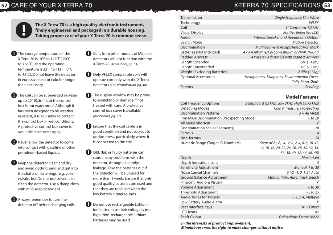 Minelab 4901 - 0059 quick start Care of Your X-TERRA, Terra 70 Specifications, Model Features 
