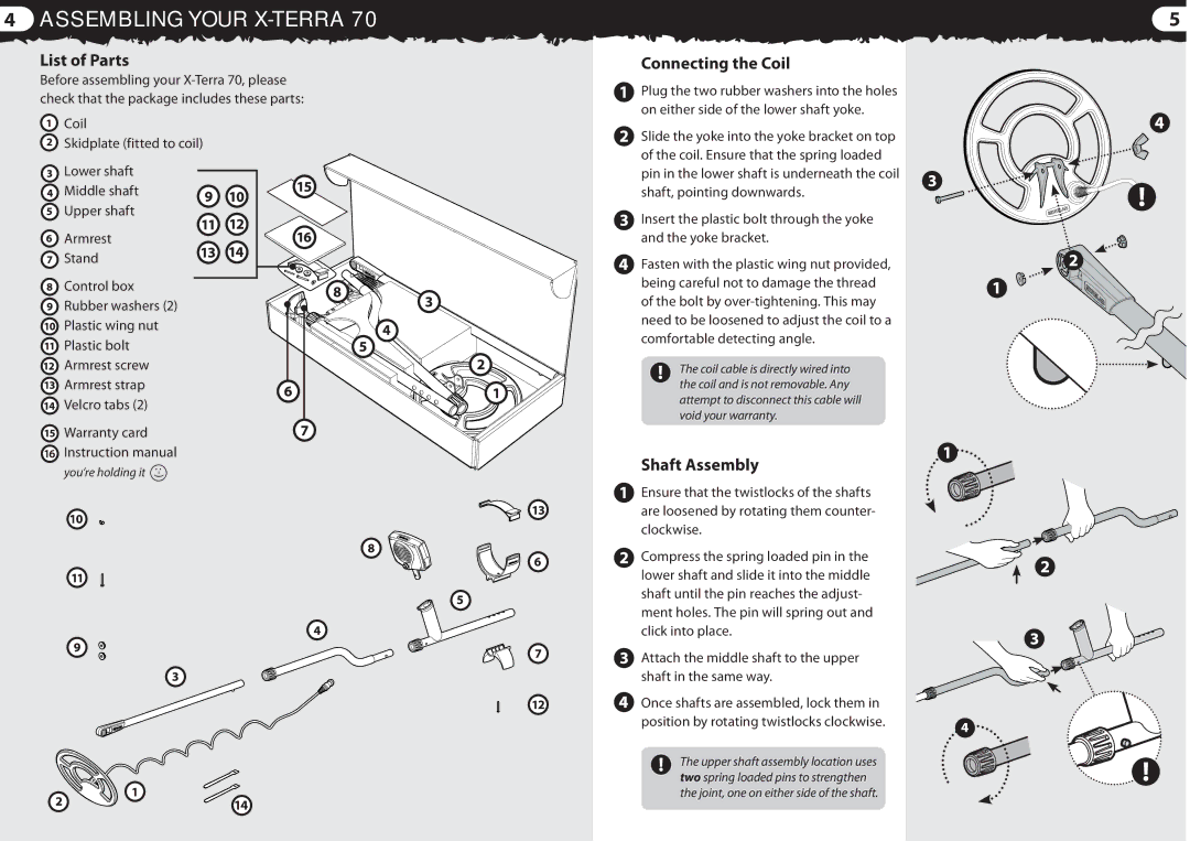 Minelab 4901 - 0059 quick start Assembling Your X-TERRA, List of Parts, Connecting the Coil, Shaft Assembly 