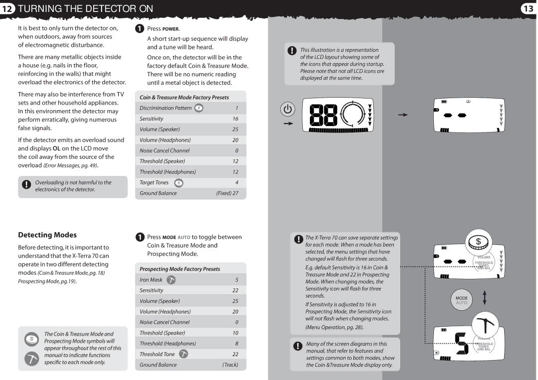 Minelab 4901 - 0059 quick start Turning the Detector on, Detecting Modes, Coin & Treasure Mode Factory Presets 