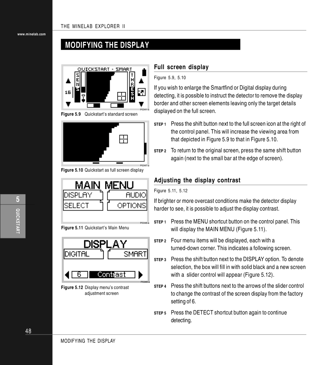 Minelab II quick start Modifying the Display, Full screen display, Adjusting the display contrast 