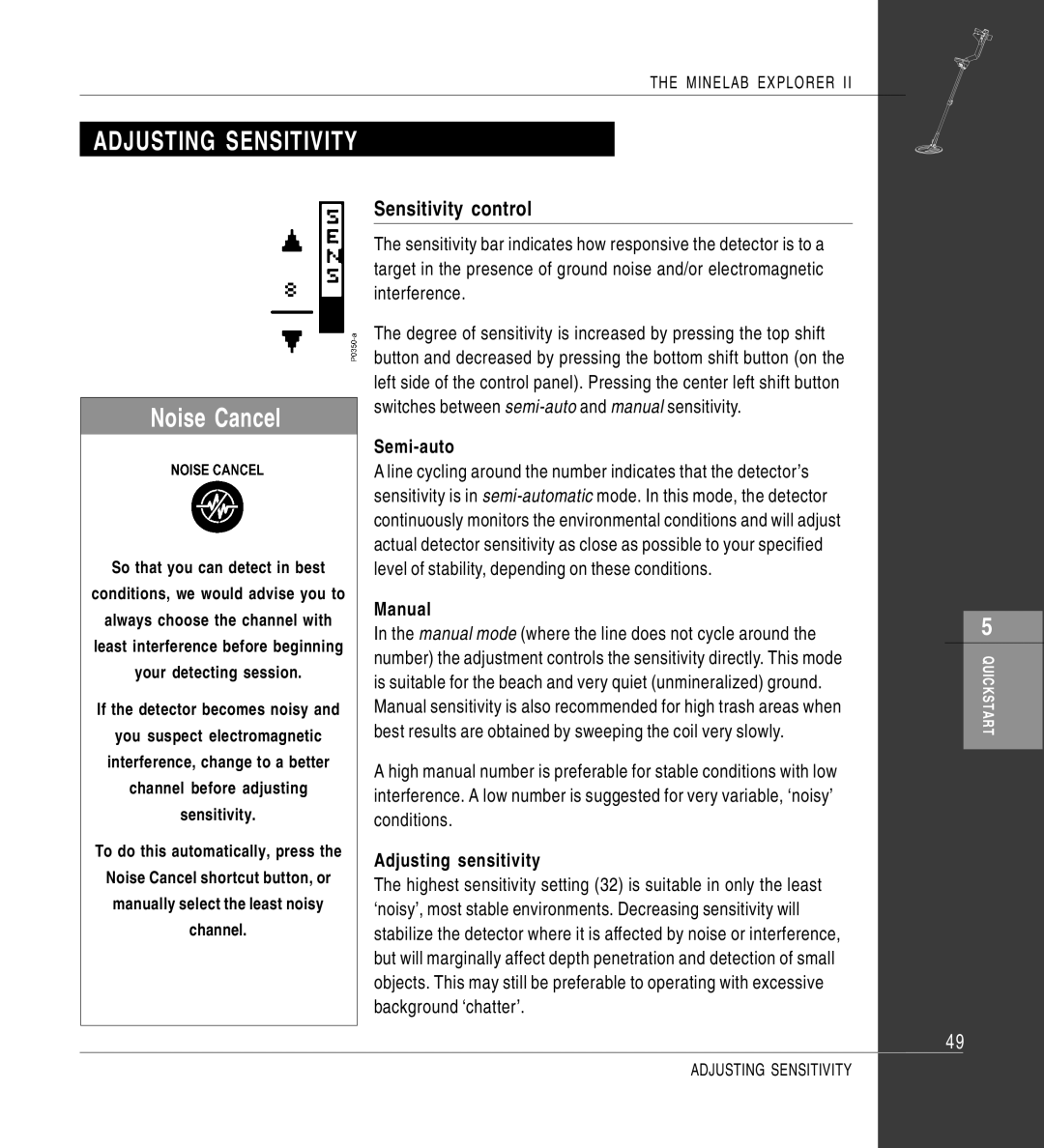 Minelab II quick start Noise Cancel, Sensitivity control, Semi-auto, Manual, Adjusting sensitivity 