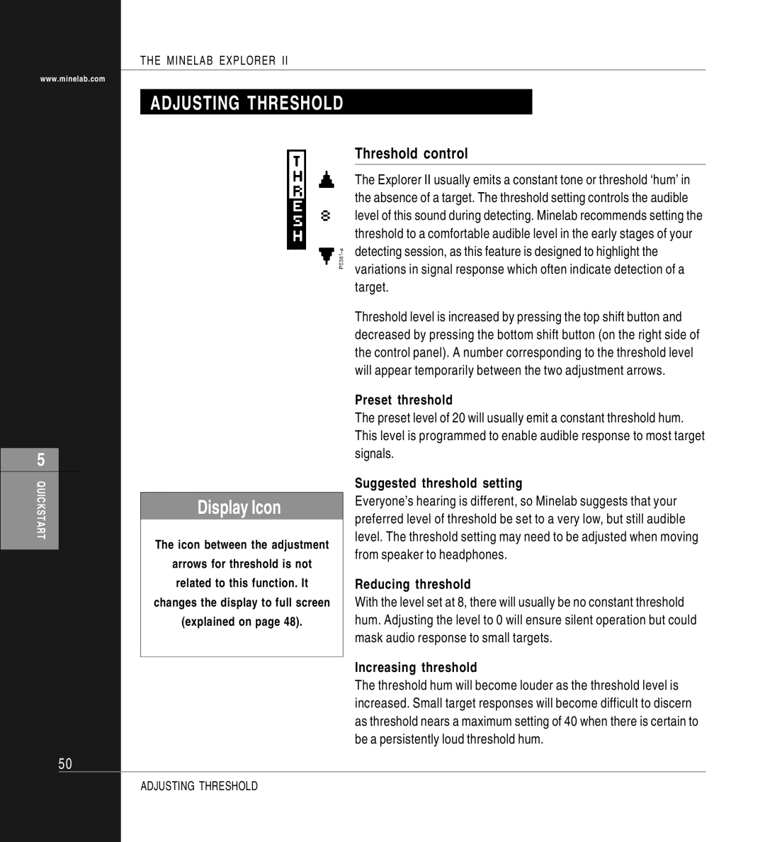 Minelab II quick start Adjusting Threshold, Display Icon, Threshold control 