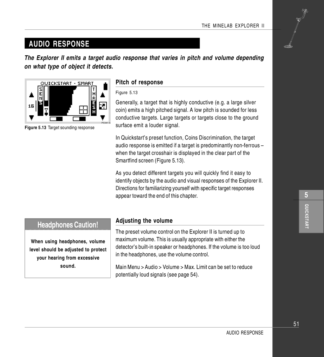 Minelab II quick start Audio Response, Pitch of response, Adjusting the volume 