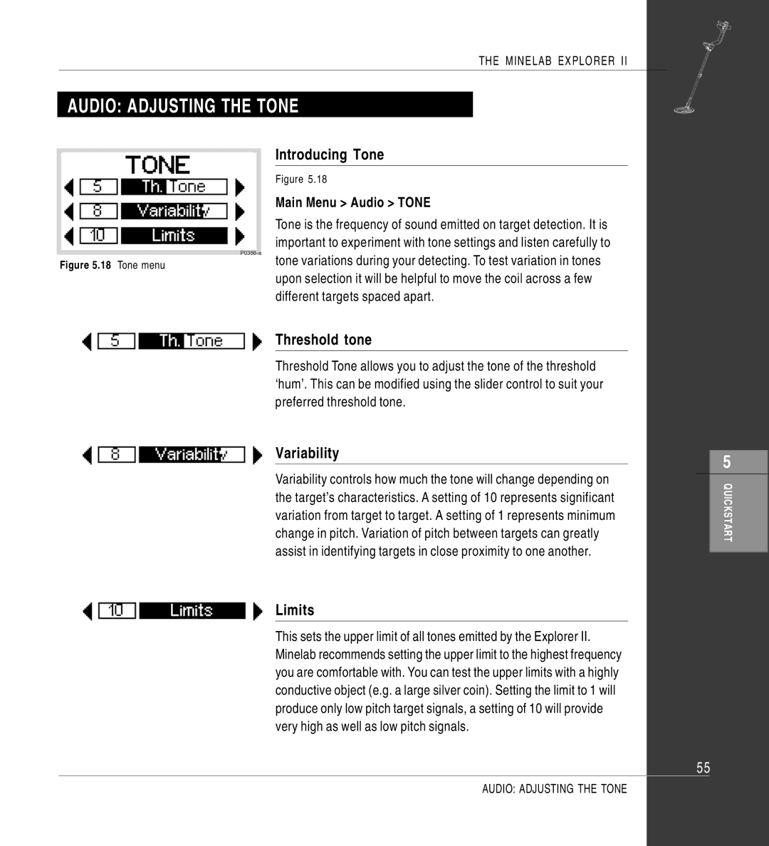 Minelab II quick start Introducing Tone, Threshold tone, Variability, Limits, Main Menu Audio Tone 