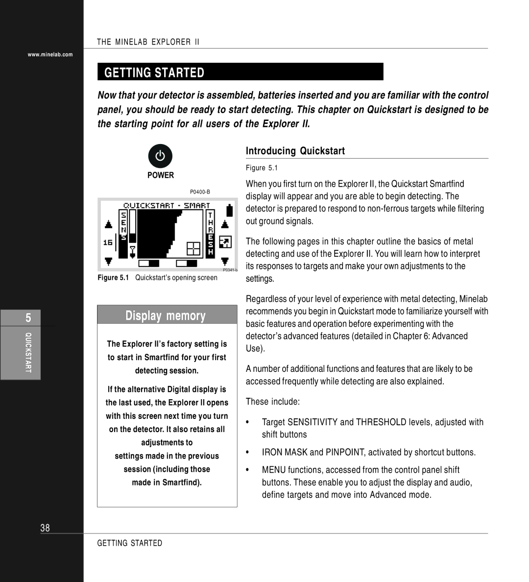 Minelab II quick start Getting Started, Display memory, Introducing Quickstart 