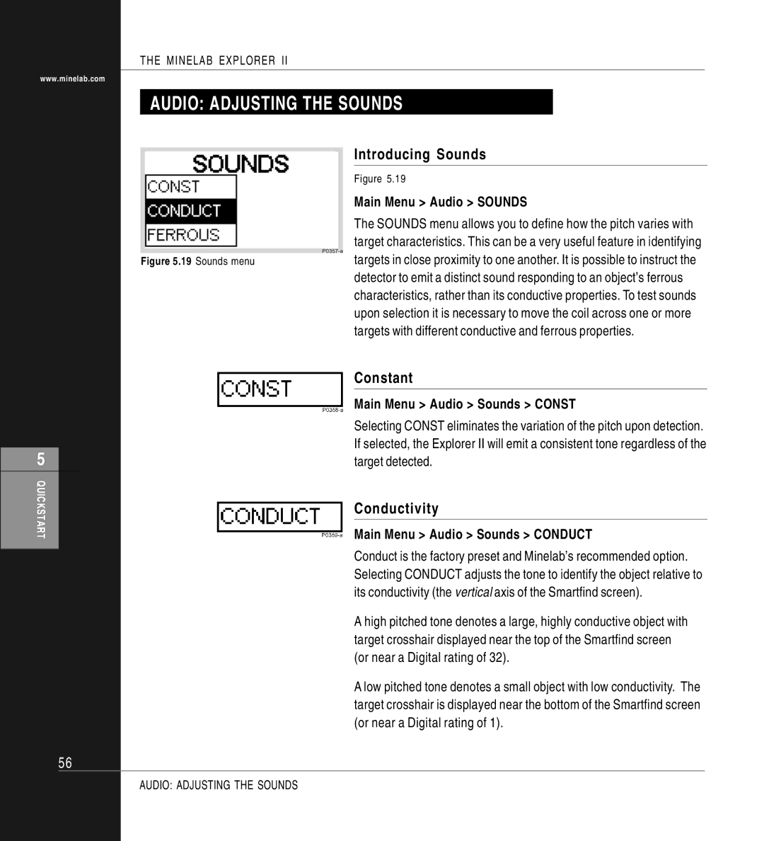 Minelab II quick start Audio Adjusting the Sounds, Introducing Sounds, Constant, Conductivity 