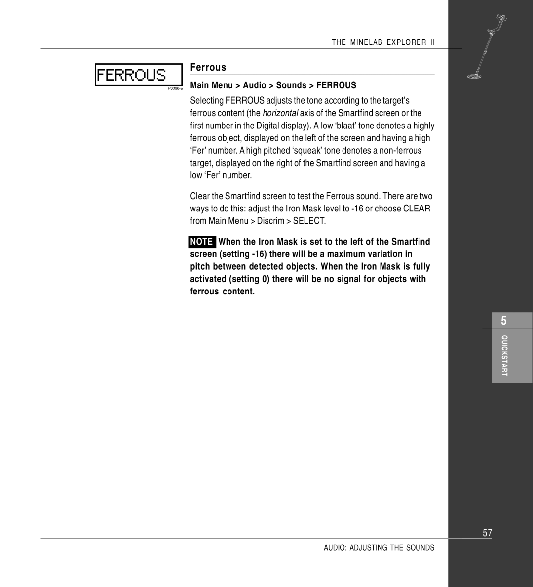 Minelab II quick start Main Menu Audio Sounds Ferrous 