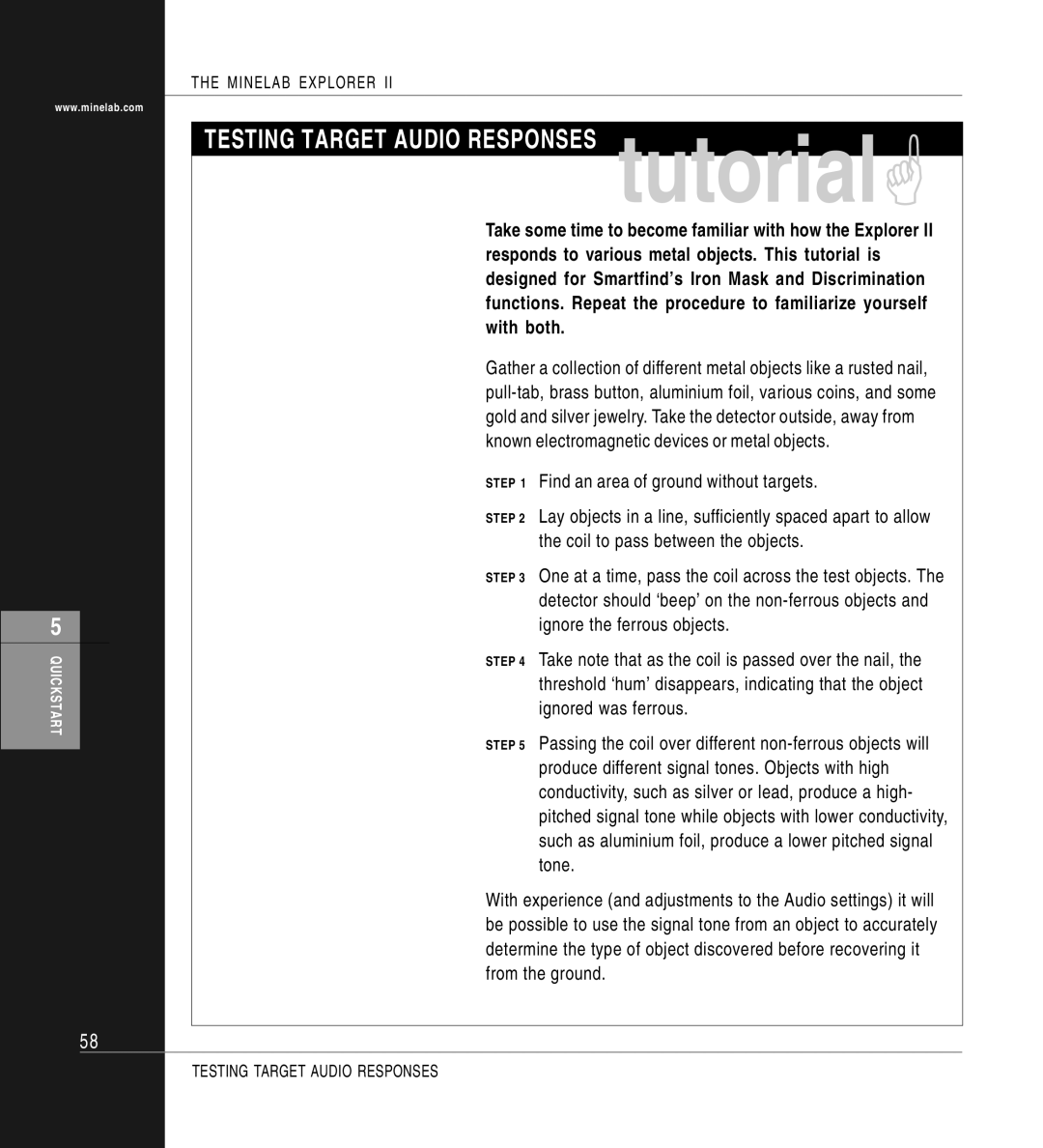 Minelab II quick start Testing Target Audio Responses tutorial 