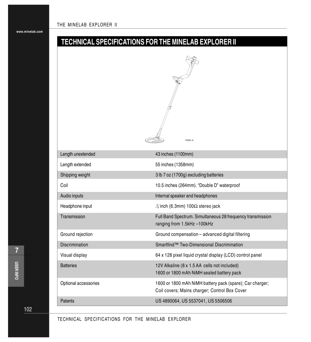 Minelab P0591-A, Mine lab Explorer IITM manual Technical Specifications for the Minelab Explorer 