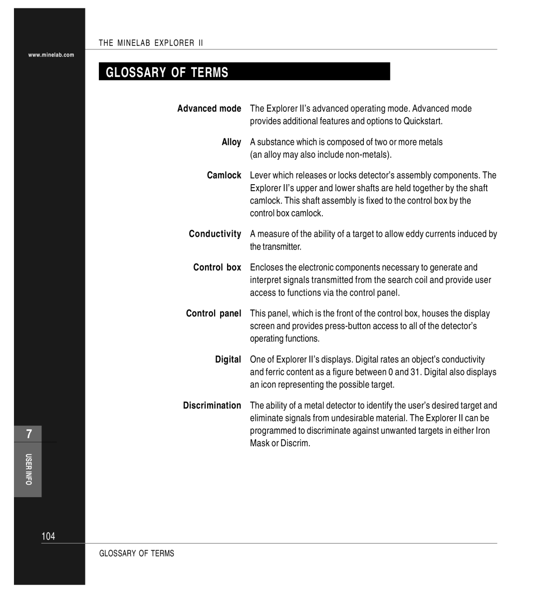 Minelab P0591-A, Mine lab Explorer IITM manual Glossary of Terms 