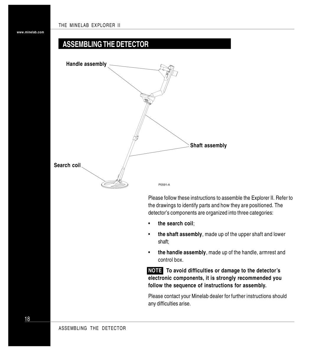 Minelab P0591-A, Mine lab Explorer IITM manual Assembling the Detector, Handle assembly Shaft assembly Search coil 