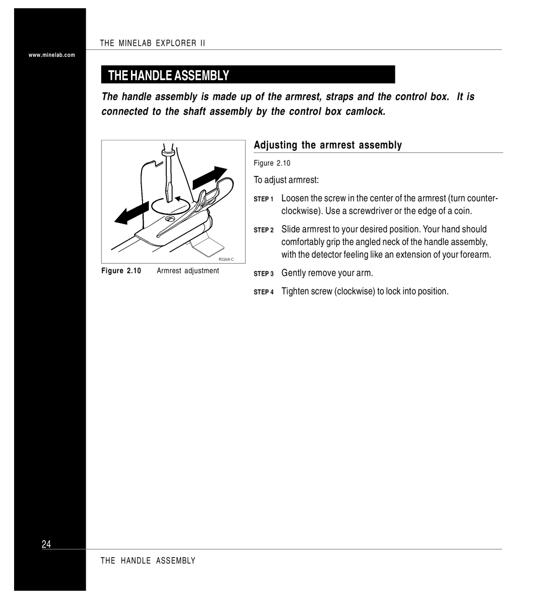 Minelab P0591-A, Mine lab Explorer IITM manual Handle Assembly, Adjusting the armrest assembly, To adjust armrest 